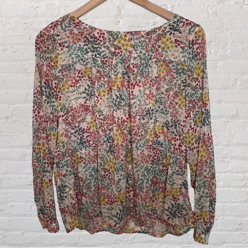 Loft Petite Women’s Semi Sheer Colorful Floral Blouse Long Sleeves, Size S